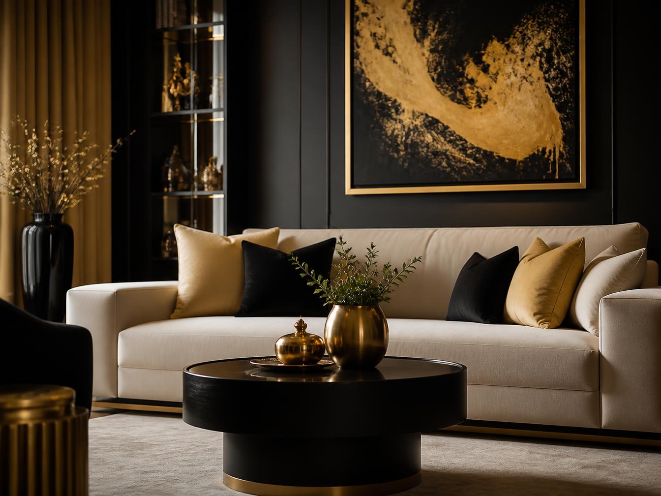 Immaculate modern living room in black and gold tones